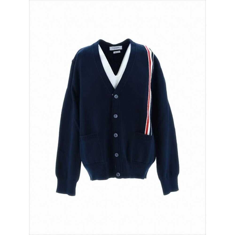 THOM BROWNE Navy Blue Knit Cardigan with Vertical Stripe Detail